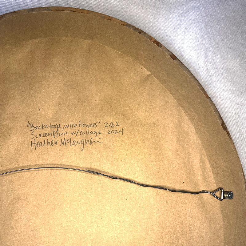 Handmade art combining screen printing and a collage of flowers depicting a woman pulling up her stocking while smoking in a upcycled white oval frame