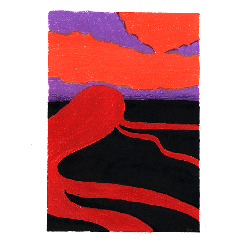 Drawing with sunset oranges and reds, ambitious shapes that are figurative create a landscape.