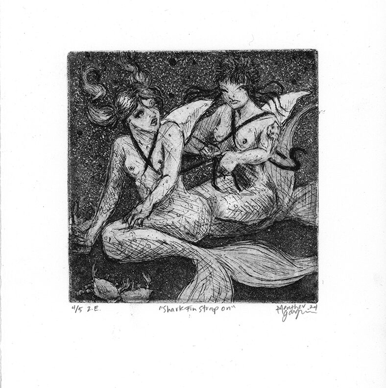 Handmade copper plate print of two mermaids putting fake shark fins on each other.