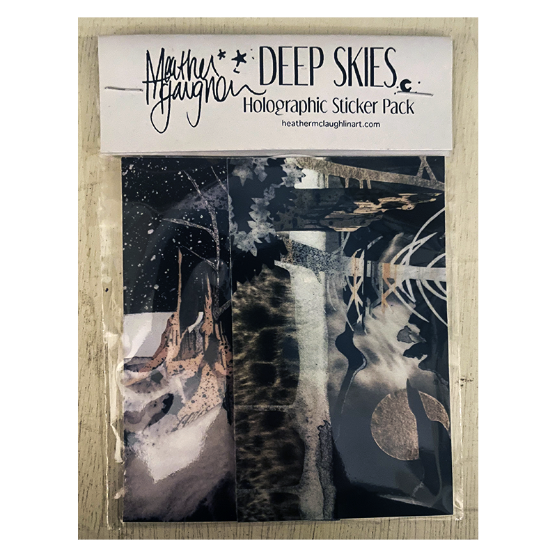 Sticker 3 pack of Heather McLaughlin's Deep Skies landscapes series featuring night-time moodscapes on vaperwave holographic sticker film