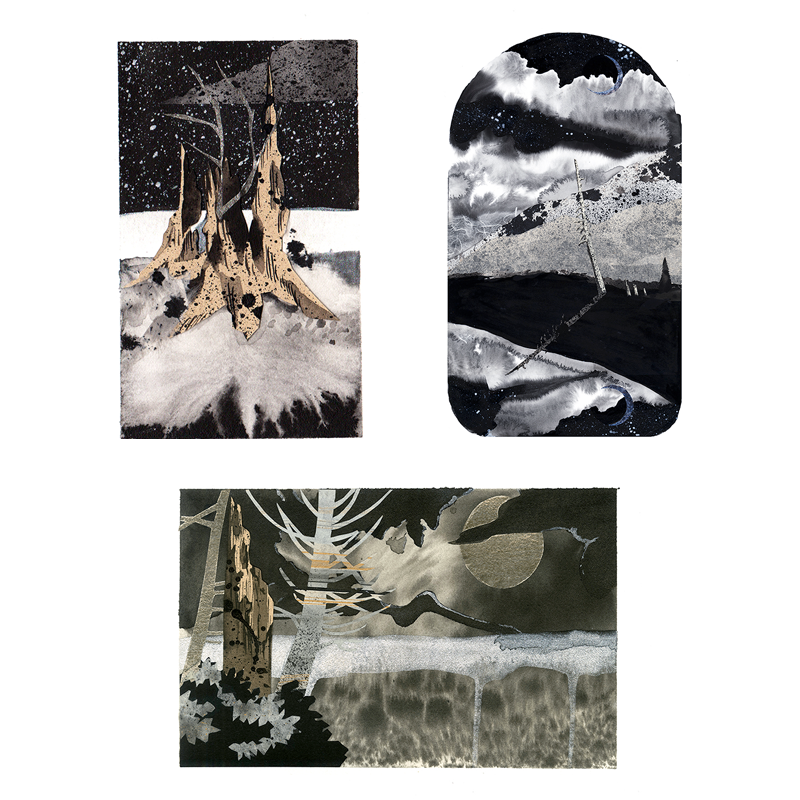 Sticker 3 pack of Heather McLaughlin's Deep Skies landscapes series featiring nighttime moodscapes on vaperwave holographic sticker film